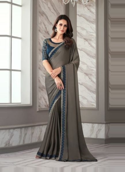 Gray Satin Silk Embroidered Party-Wear Boutique-Style Saree