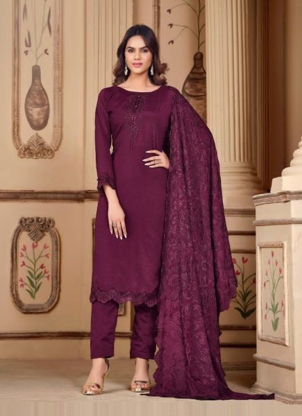 Dark Purple Rangoli Silk Embroidered Festive-Wear Straight-Cut Salwar Kameez
