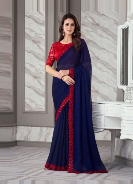 Dark Blue Two Tone Georgette Embroidered Party-Wear Boutique-Style Saree
