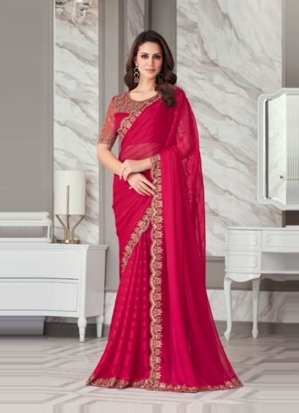 Pink Red Chiffon Satin Embroidered Party-Wear Boutique-Style Saree