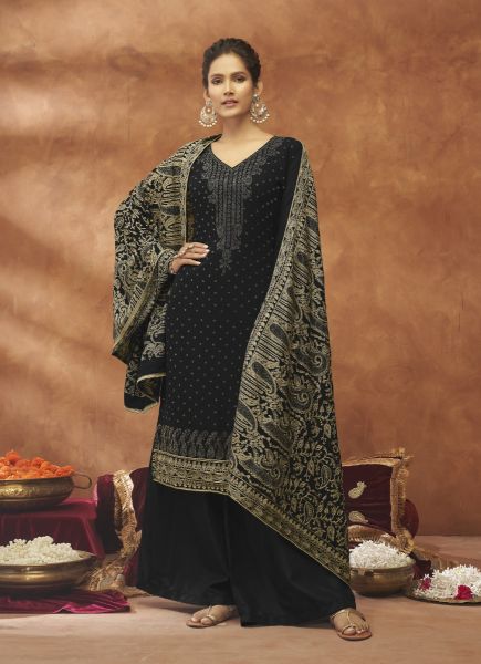 Black Georgette With Diamond & Swarovski Work Festive-Wear Pant-Bottom Salwar Kameez