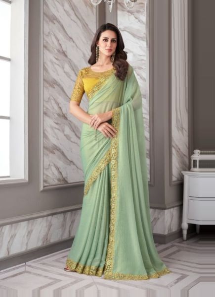 Light Green Chiffon Embroidered Party-Wear Boutique-Style Saree