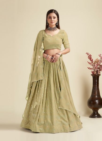 Light Olive Green Georgette Sequins-Work Lehenga Choli For Traditional / Religious Occasions