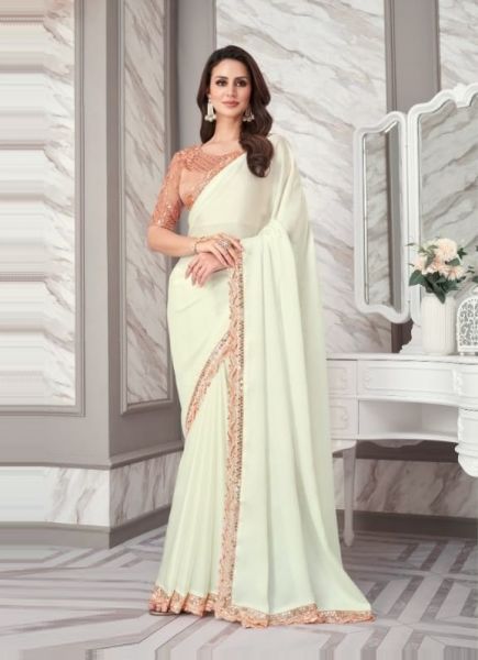 White Satin Silk Embroidered Party-Wear Boutique-Style Saree