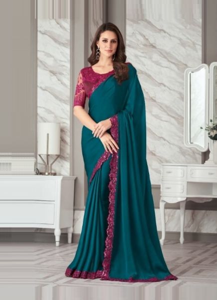 Teal Blue Satin Silk Embroidered Party-Wear Boutique-Style Saree