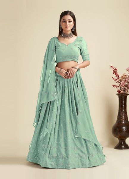 Mint Green Georgette Sequins-Work Lehenga Choli For Traditional / Religious Occasions