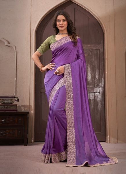 Lavender Vichitra Silk Zarkan-Work Party-Wear Saree
