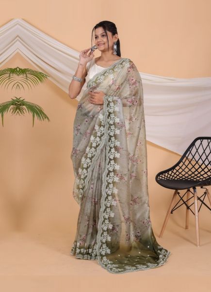 Light Sage Green Pure Soft Organza Silk Digitally Printed Party-Wear Boutique-Style Saree