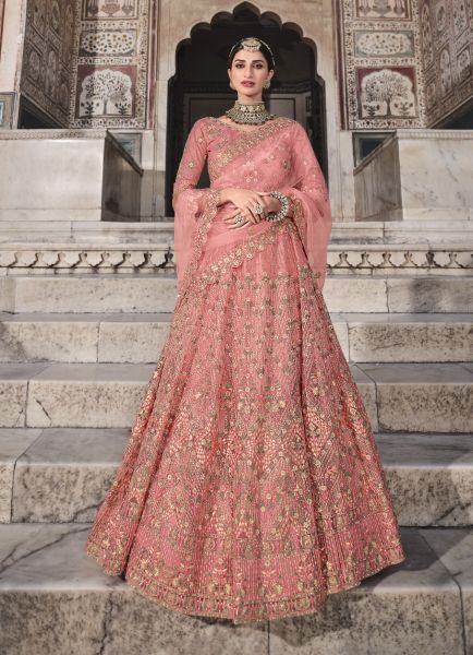 Light Coral Net Embroidered Wedding-Wear Stylish Lehenga Choli With Jacket