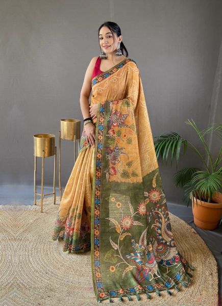 Orange & Olive Green Pure Soft Cotton Tussar Silk Saree For Traditional / Religious Occasions