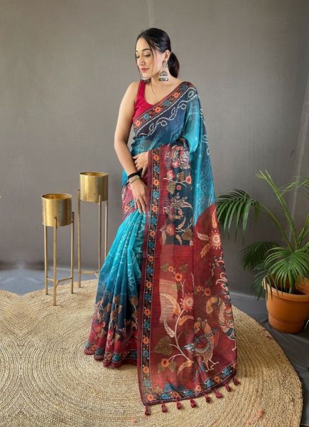 Blue & Maroon Pure Soft Cotton Tussar Silk Saree For Traditional / Religious Occasions