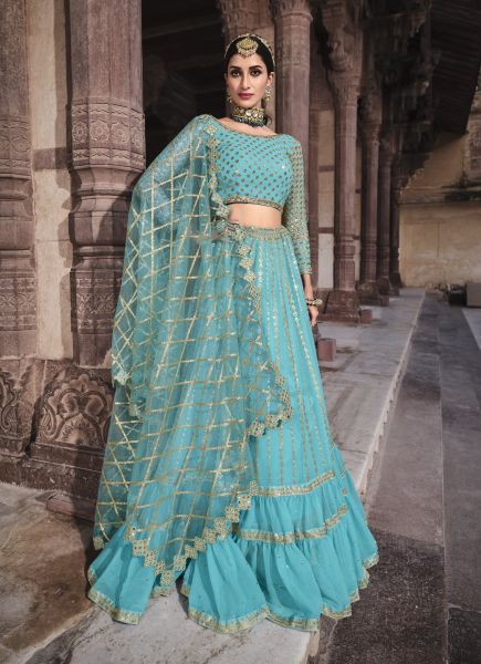 Sky Blue Georgette Embroidered Wedding-Wear Stylish Lehenga Choli With Jacket