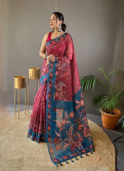 Wine Red & Sea Blue Pure Soft Cotton Tussar Silk Saree For Traditional / Religious Occasions