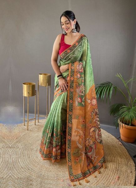 Light Green & Orange Pure Soft Cotton Tussar Silk Saree For Traditional / Religious Occasions