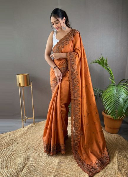 Dark Orange Pure Matka Silk With Thread-Work Party-Wear Soft Saree