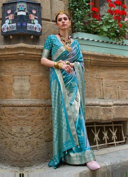 Aqua Blue Silk Weaving Soft Silk Saree For Traditional / Religious Occasions