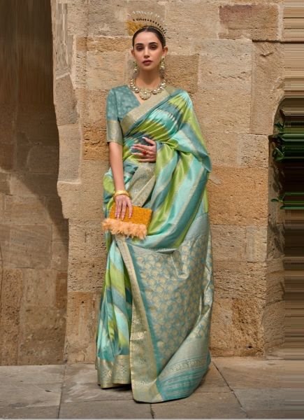 Lime Green & Aqua Silk Weaving Soft Silk Saree For Traditional / Religious Occasions