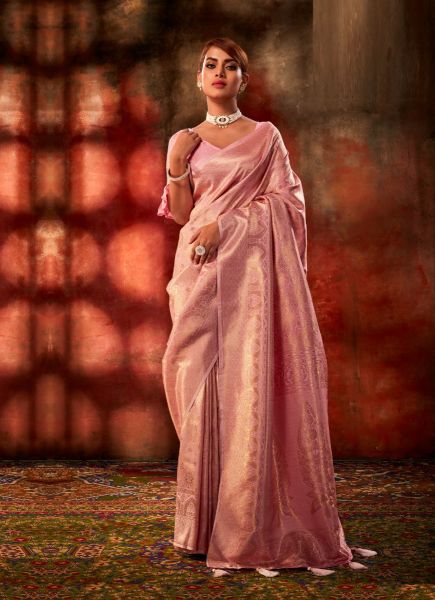 Pink Satin Kanjivaram Woven Silk Saree For Traditional / Religious Occasions