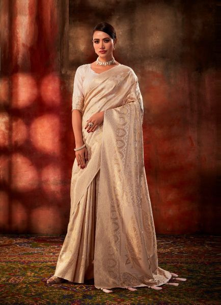 Beige Satin Kanjivaram Woven Silk Saree For Traditional / Religious Occasions