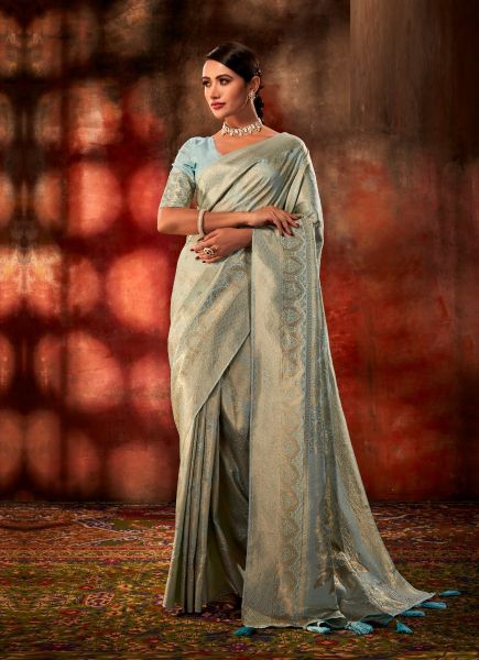 Light Blue Satin Kanjivaram Woven Silk Saree For Traditional / Religious Occasions