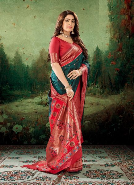 Teal Green Pure Woven Paithani Silk Saree For Traditional / Religious Occasions