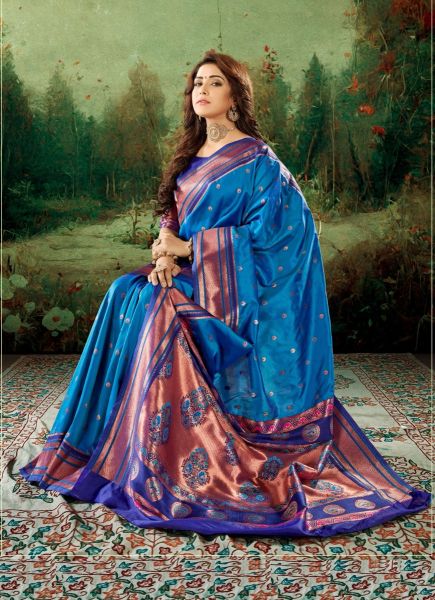 Sky Blue Pure Woven Paithani Silk Saree For Traditional / Religious Occasions