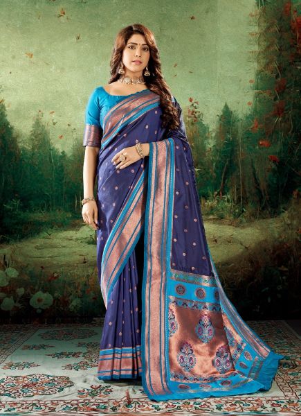 Dark Blue Pure Woven Paithani Silk Saree For Traditional / Religious Occasions