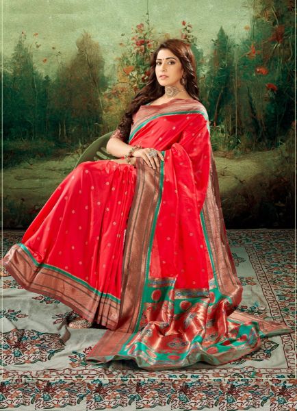 Red Pure Woven Paithani Silk Saree For Traditional / Religious Occasions