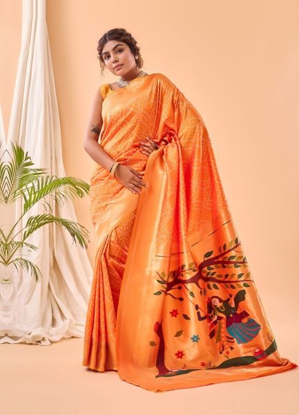 Orange Bandhej Printed Party-Wear Paithani Silk Saree