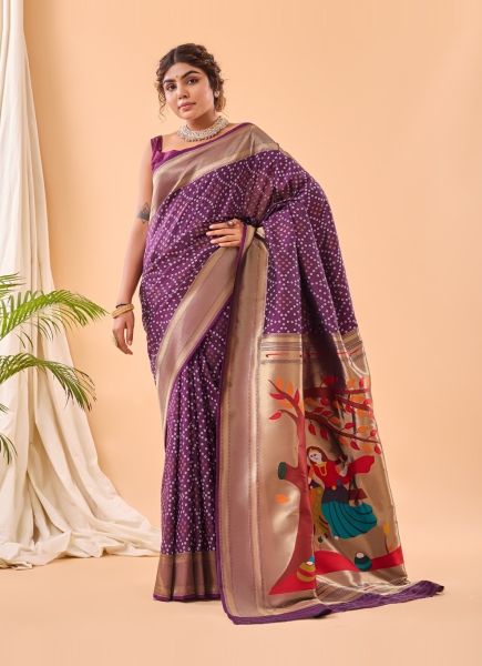 Purple Bandhej Printed Party-Wear Paithani Silk Saree
