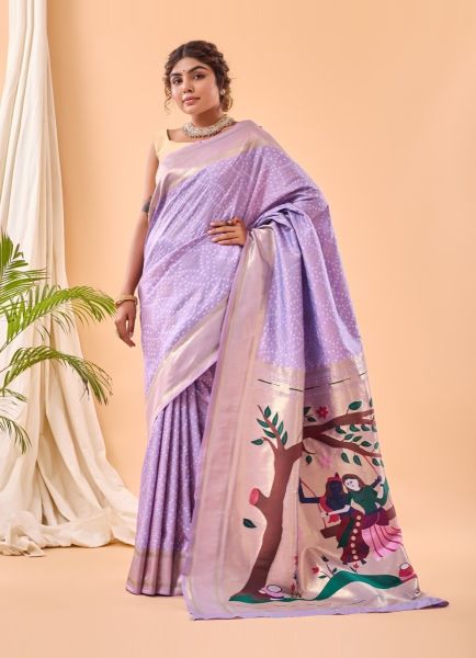 Lilac Bandhej Printed Party-Wear Paithani Silk Saree