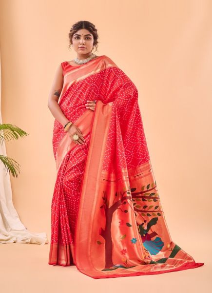 Red Bandhej Printed Party-Wear Paithani Silk Saree