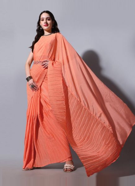 Salmon Chinon Half-Side Crushed Party-Wear Saree With Belt