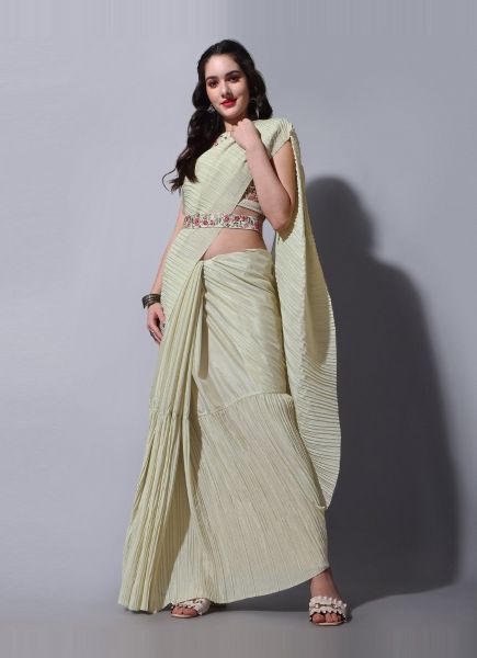 Creamy White Chinon Half-Side Crushed Party-Wear Saree With Belt