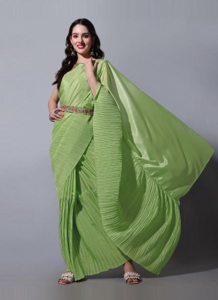 Light Green Chinon Half-Side Crushed Party-Wear Saree With Belt