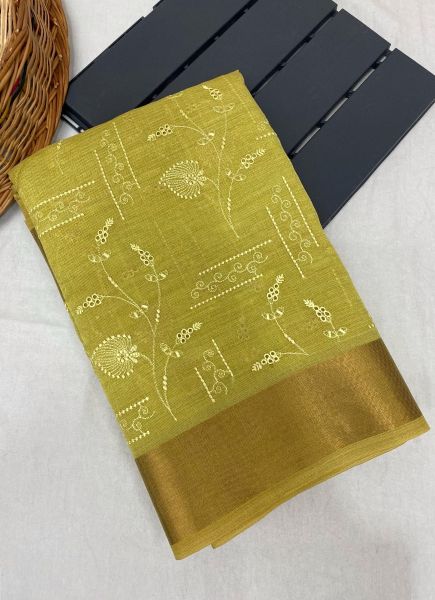 Olive Green Soft Tissue Silk Thread-Work Party-Wear Saree