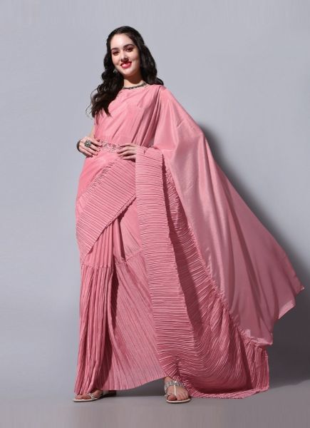 Pink Chinon Half-Side Crushed Party-Wear Saree With Belt