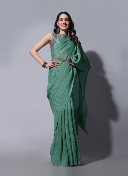 Teal Green Chinon Half-Side Crushed Party-Wear Saree With Belt