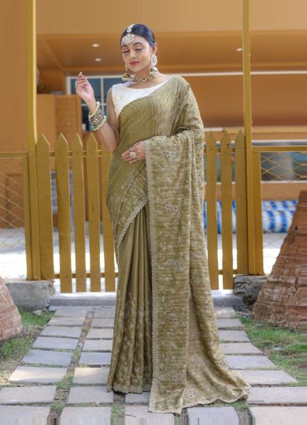 Light Olive Green Pure Soft Silk Handwork Party-Wear Boutique-Style Saree