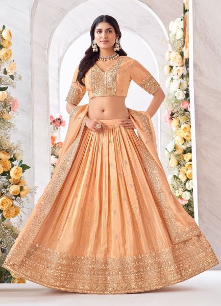 Peach Tissue Georgette Embroidered Party-Wear Readymade Stylish Lehenga Choli