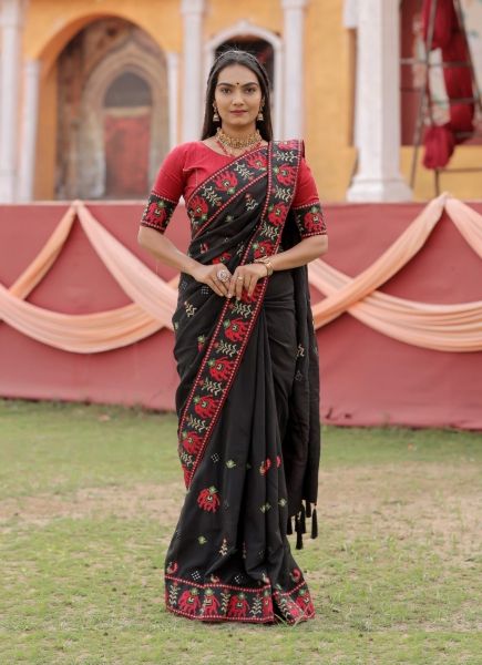 Black Vichitra Silk With Embroidery Work Panetar Saree