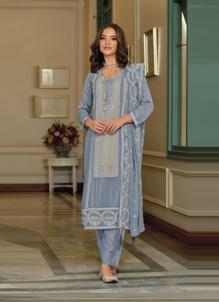 Light Steel Blue Premium Silk Thread-Work Party-Wear Readymade Pant-Bottom Salwar Kameez