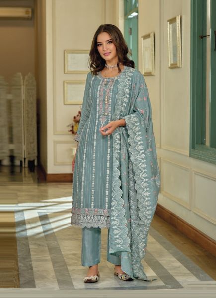 Light Teal Blue Premium Silk Thread-Work Party-Wear Readymade Pant-Bottom Salwar Kameez