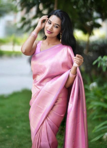 Pink Two Tone Handloom Weaving Silk Festive-Wear Saree