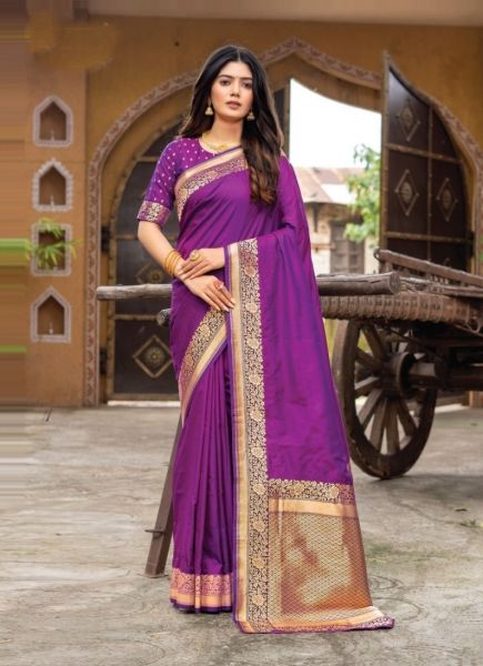 Violet Silk Weaving Festive-Wear Jacquard Saree