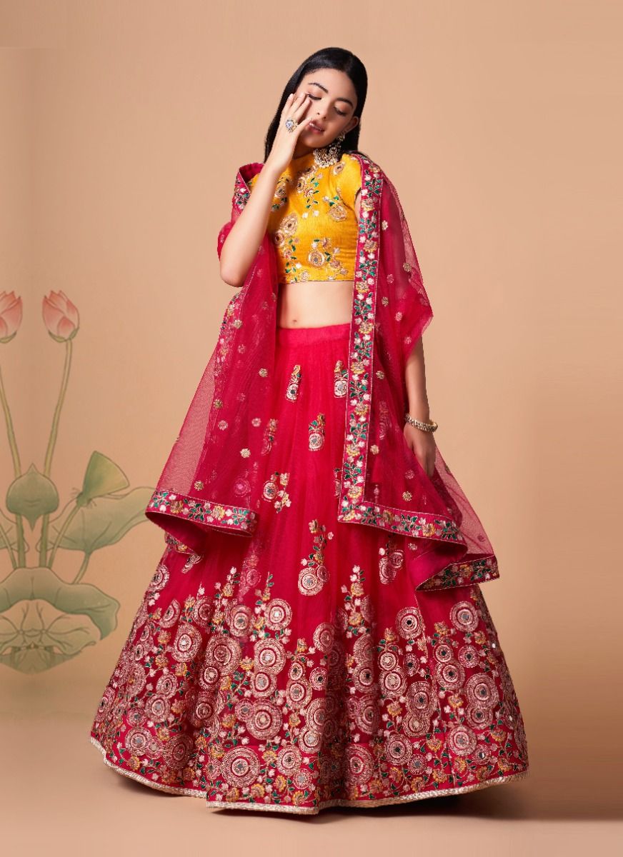 Exclusive Red - Green Designer Bridal Lehenga Choli With Red Dupatta